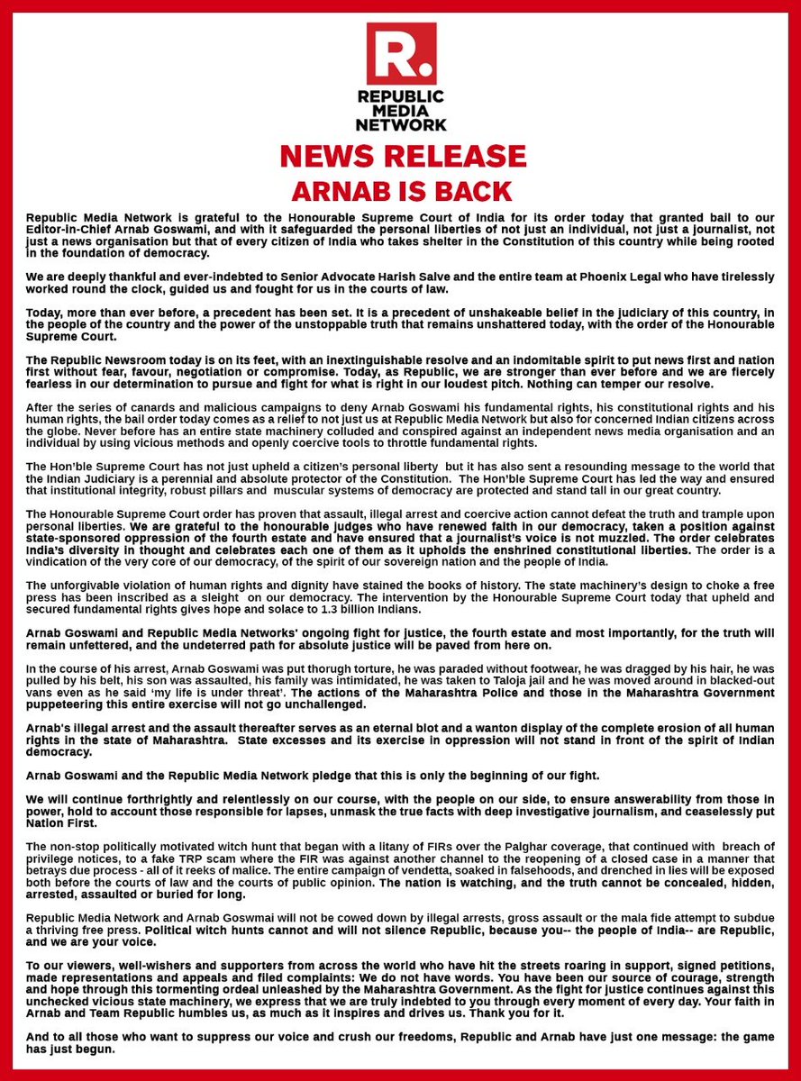 republic's tweet photo. #ArnabIsBack | Republic Media Network is grateful to the Honourable Supreme Court of India for its order today that granted bail to our Editor-in-Chief Arnab Goswami. We are also deeply thankful &amp; ever-indebted to Senior Advocate Harish Salve and the entire team at Phoenix Legal https://t.co/5qqUMdru8Z