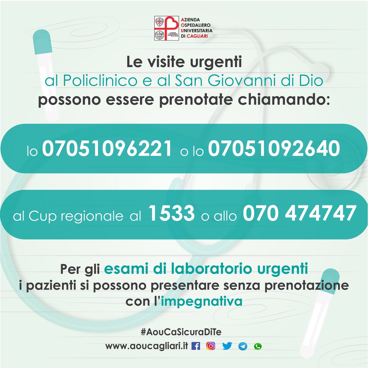 AOUCagliari's tweet photo. Policlinico e San Giovanni di Dio: le #𝘃𝗶𝘀𝗶𝘁𝗲 𝘂𝗿𝗴𝗲𝗻𝘁𝗶 possono essere prenotate chiamando lo 07051096221, 07051092640, il 1533 o lo 070 474747. Per gli #𝗲𝘀𝗮𝗺𝗶 𝗱𝗶 𝗹𝗮𝗯𝗼𝗿𝗮𝘁𝗼𝗿𝗶𝗼 𝘂𝗿𝗴𝗲𝗻𝘁𝗶 i pazienti si possono presentare senza prenotazione #covid19 https://t.co/M7yBqhrmr9