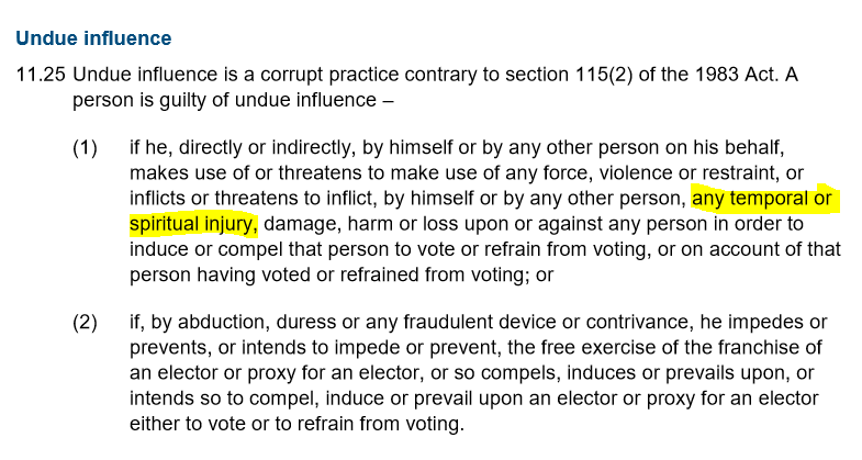 And another: "temporal or spiritual injury". (Note that this is a "corrupt practice", rather an "illegal practice"... in case you were wondering.)9/11