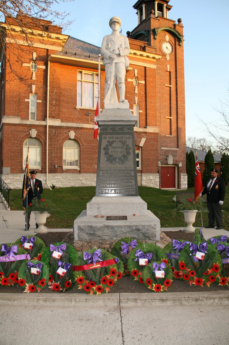 BeavertonLegion's tweet photo. As the new day dawns, Beaverton wakes up to an altered Remembrance Day. 

People will notice the Cenotaph has been prepared for people to pay their respects to our Veterans and members of the CAF. 

If you have the time to visit the Cenotaph, please observe social distancing. https://t.co/rA2ZVh21zM