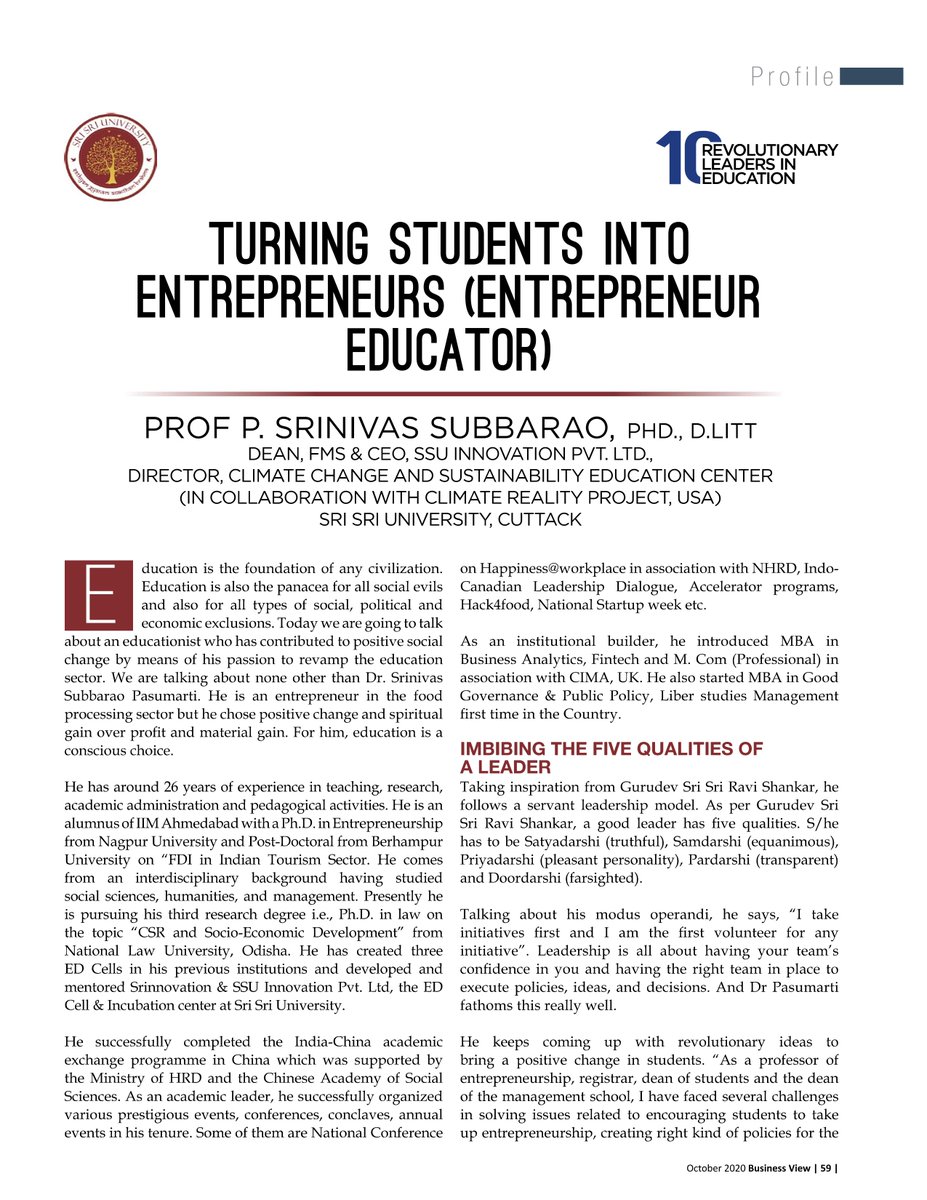 SriSriU's tweet photo. Congratulations to our Dean of Faculty of Management Studies (FMS) Prof. @SrinivaSubbarao has been ranked as one of the Top 10 Revolutionary Educational Leader in India by Business View Magazine.

#FacultyatSSU #LeadershipMatters #leadership https://t.co/cJZiXQXOBh