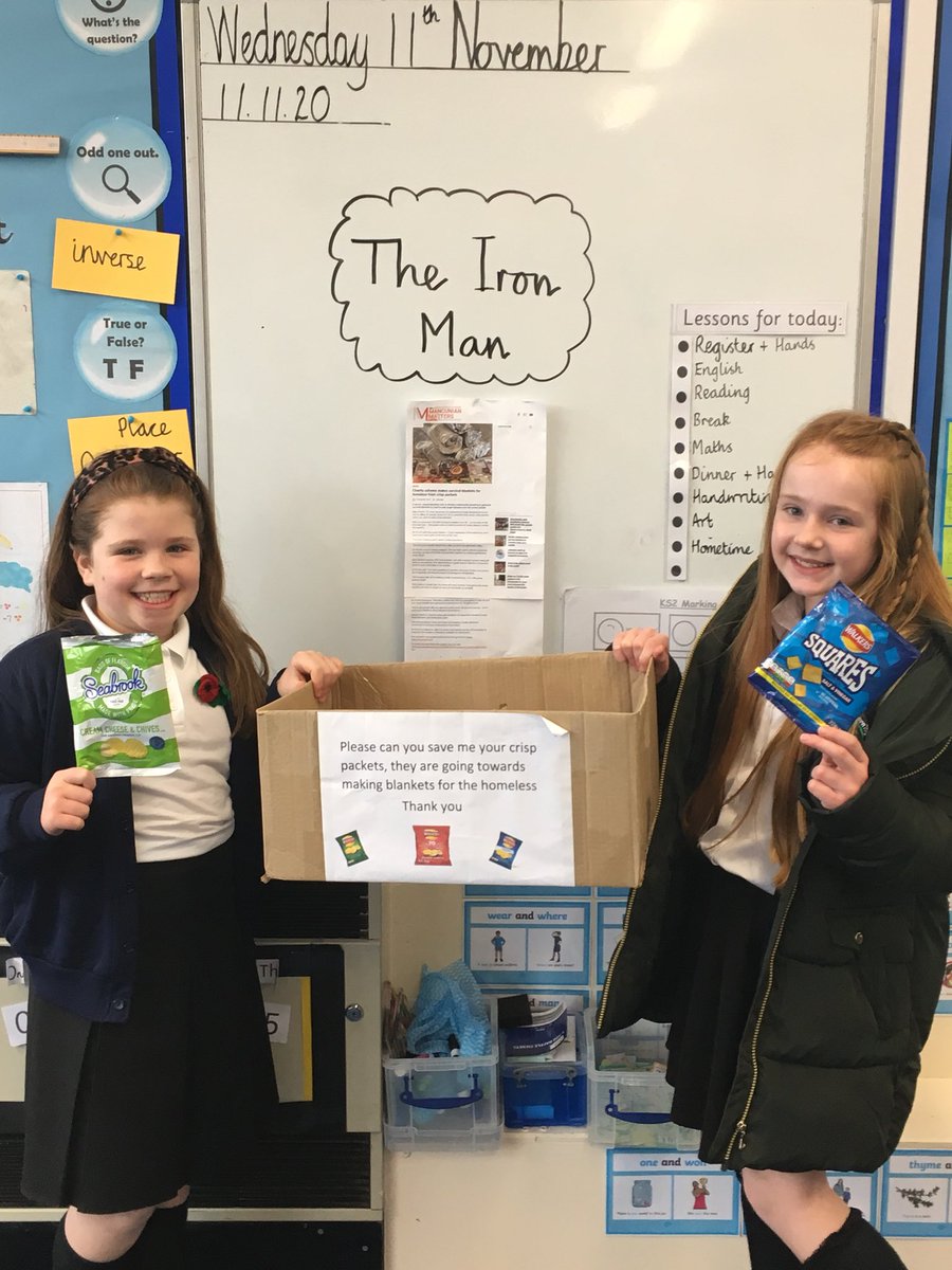 SpringCottagePS's tweet image. Two of the children in #springcottage5T are collecting crisp packets at lunchtime to send to a charity who make survival blankets for the homeless. What a lovely idea!