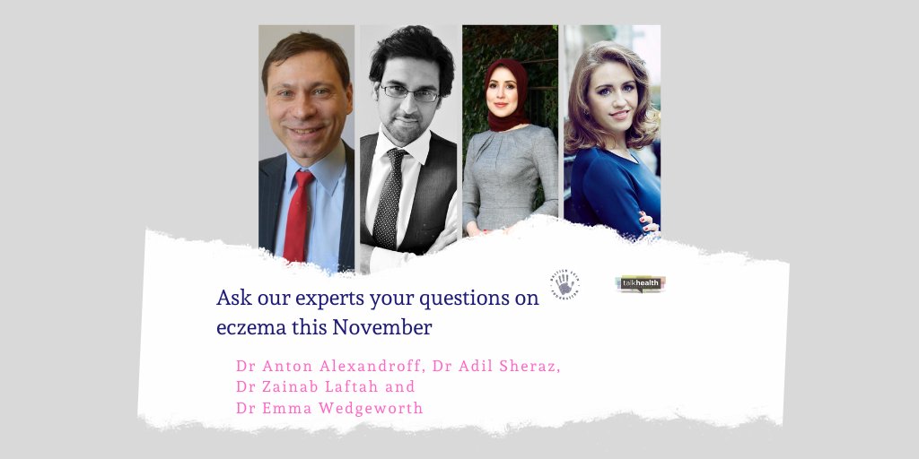 Next week, ask our experts <a href="/DrEmWedgeworth/">Dr Emma Wedgeworth</a>, <a href="/your_skin_dr/">Dr Anton Alexandroff</a>, <a href="/DrAdilSheraz/">Dr Adil Sheraz</a> and Dr Zainab Laftah your questions on #eczema between 16-19 November. Log on via <a href="/talkhealth/">talkhealth</a> here buff.ly/3eubLL8
