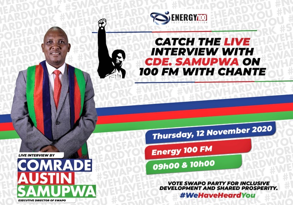 SWAPONamibia's tweet photo. Catch the Swapo Party Executive Director, Cde. Austin Samupwa tomorrow morning from 09h30 to 10h00, on Radio Energy 100 FM and on DSTV and GOTV for a live brief interview on the state of the SWAPO Party's election campaign programs and on so much more. #OnlySWAPO #WeHaveHeardYou https://t.co/hhuD7yyvwq
