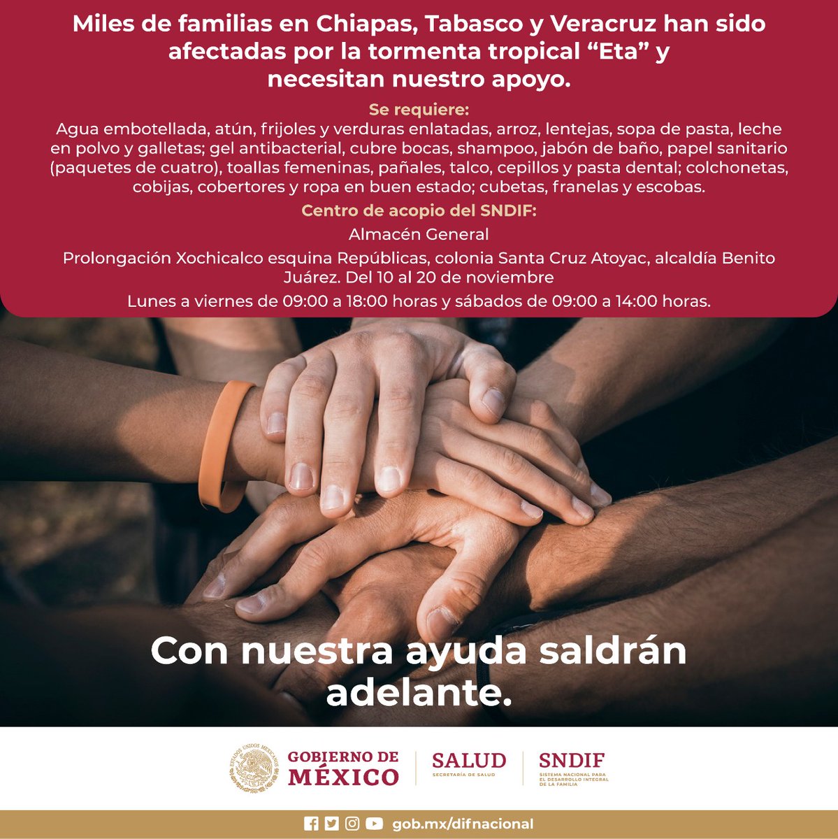 DIF_NMX's tweet photo. ¡Con nuestra ayuda, las familias afectadas por la tormenta tropical en Chiapas, Tabasco y Veracruz saldrán adelante!

Acude al Centro de Acopio del #SNDIF y aporta artículos de primera necesidad. https://t.co/Z0jQWcKXd1