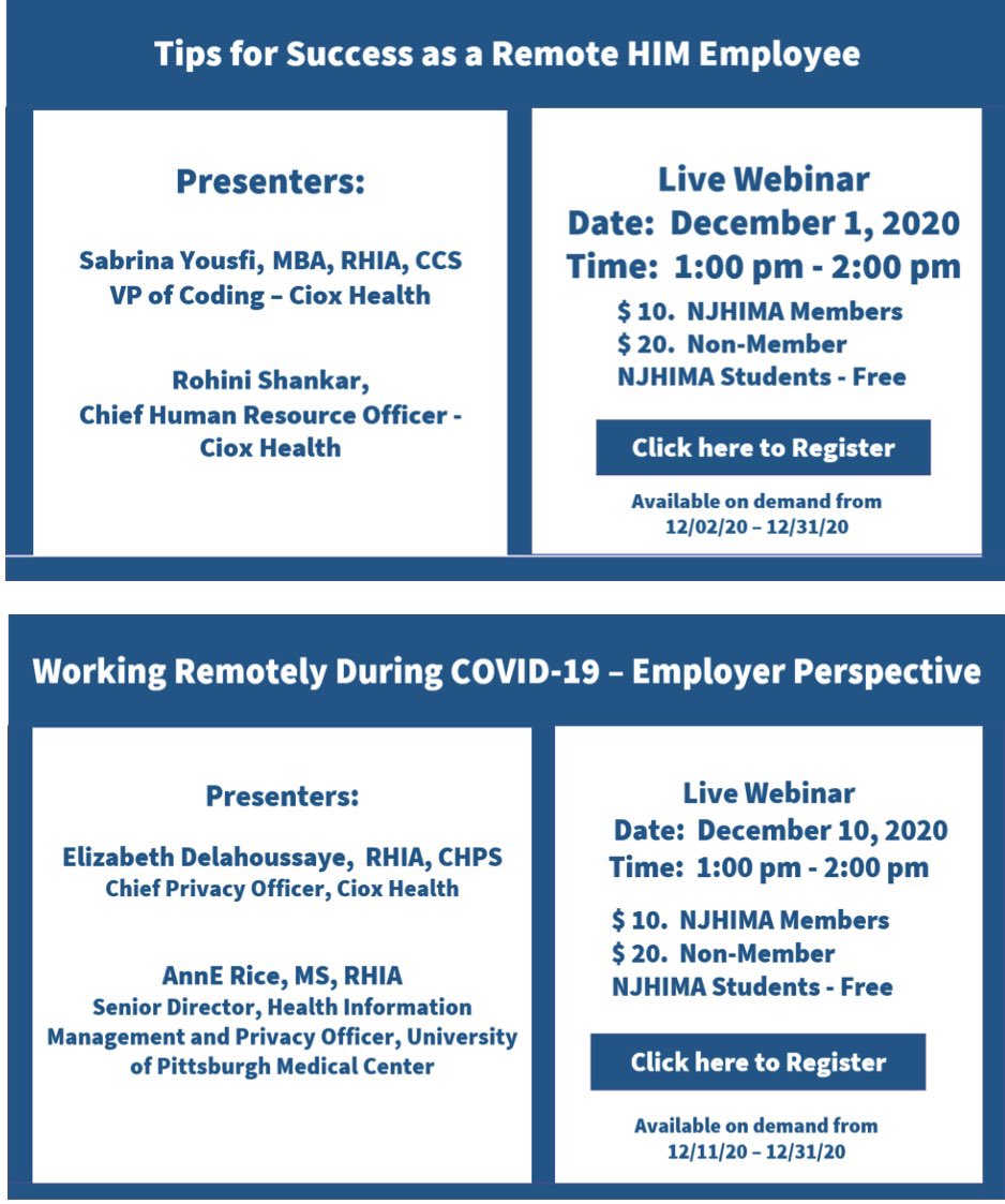 NJHIMA's tweet photo. Good afternoon, members!

NJHIMA is pleased to announce these two virtual events as our December quarterly meetings!

Details for each webinar are below and you can register to attend at :

https://t.co/1ypVCn4pkb

Hope to see you there! https://t.co/gd14fXQuWH