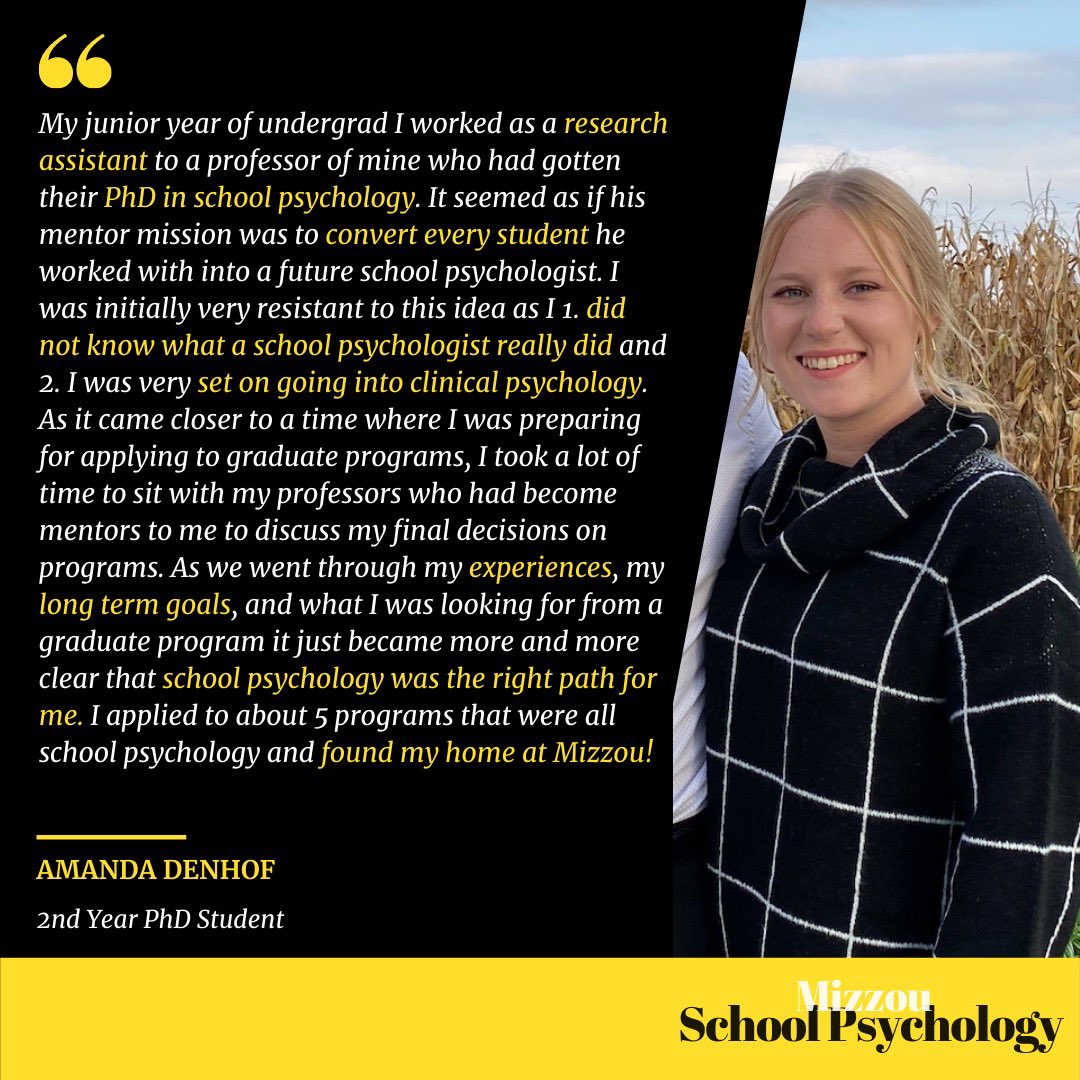 MizzouSASP's tweet image. Meet Amanda Denhof! @amd2196 is a 2nd year PhD student @Mizzou, a Site Coordinator for @AWWWN_mizzou &amp;amp; also works w/@SarahOwens112 on her research team. She has a busy week of delivering professional developments and we are so #proud! #NSPW #SPAW2020 @nasponline @MizzouEducation