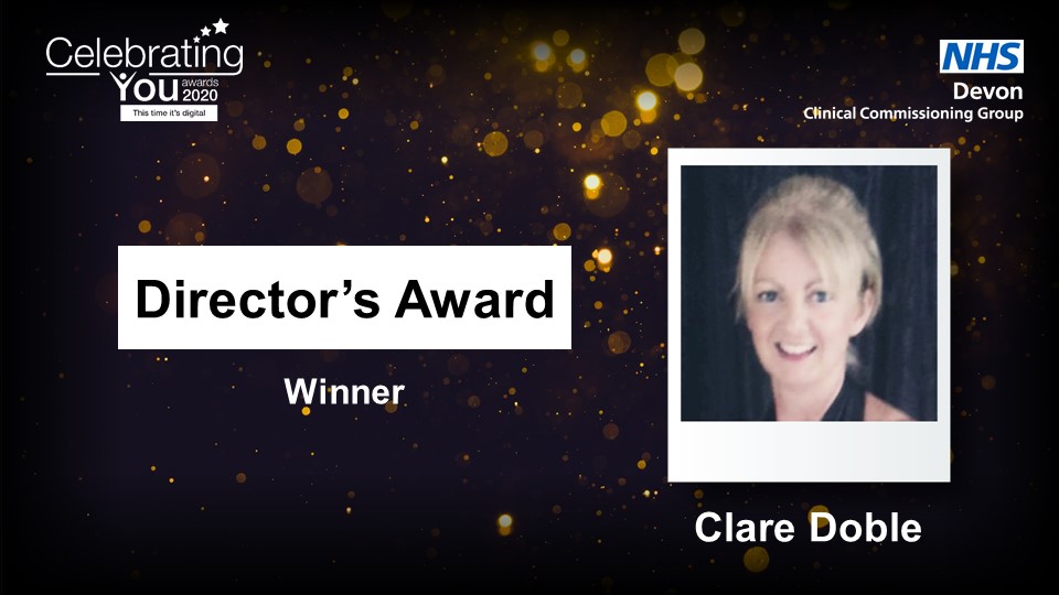 NHSDevon's tweet photo. And the winner of Ginny Snaith’s Director’s Award is Clare Doble 👏

Congratulations!

#CelebratingYou #ThisTimeItsDigital #WorkingTogetherForDevon https://t.co/IC3kqxfnpP