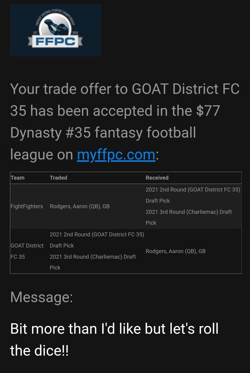 GOATDistrict's tweet photo. @MattyBigChest @VeridianGlobal @JerrySinDWZ @DWZMemphis @DWZ_DoctorPT Just made this move to make a run in one of my @FFPC leagues @MattyBigChest but mostly so that I can get me one of those #Godgers Ts to rock like a BOSS after I win the league 😏 https://t.co/mXV73sclR1