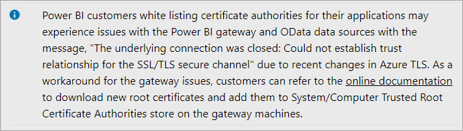 GuyInACube's tweet photo. Talked with someone that hit this. If you are using a gateway in #PowerBI and whitelisting SSL certs, you may need to do some work. this is listed on https://t.co/H83Ye7OisC but raising awareness about it. https://t.co/UaR1IfL9tS