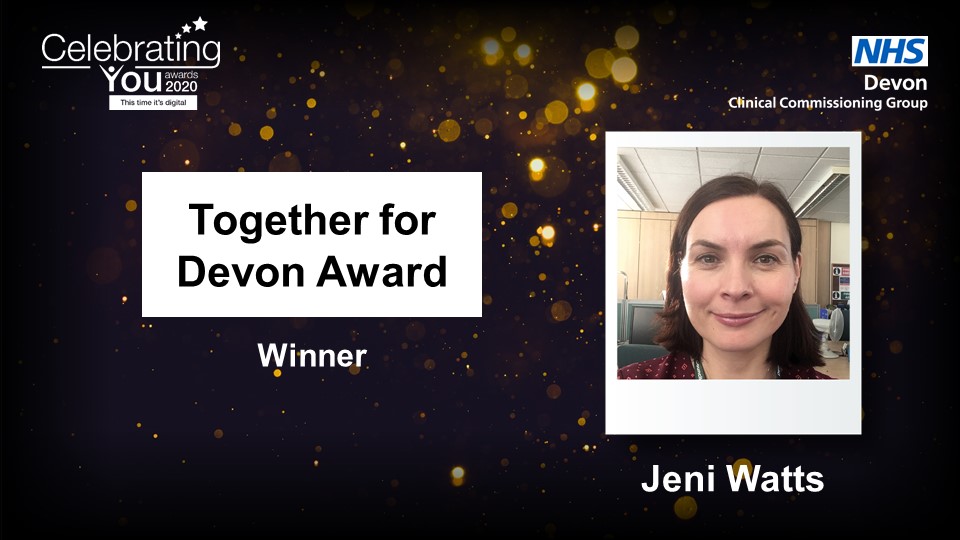 NHSDevon's tweet photo. The winner of the Together for Devon Award is Jeni Watts 🎉

Congratulations!

#CelebratingYou #ThisTimeItsDigital #WorkingTogetherForDevon https://t.co/Vn5j8UsrMK