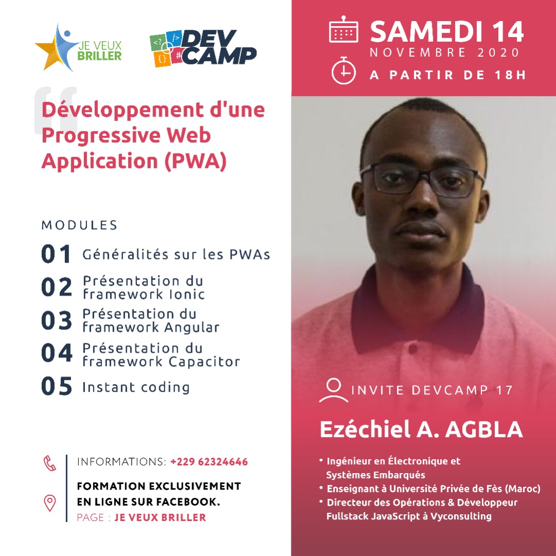 jvbriller's tweet photo. Ce samedi 14 Nov, nous recevons @ezchilamen pour le #Devcamp17. Dev FullStack JS à @vyconsulting, Amen sera en #FacebookLive pour partager ses connaissances et expérience autour de la création d'une PWA avec #Ionic, #Angular et #Capacitor
Prenez le RDV
#AtelierJVB #jeveuxbriller https://t.co/VmCSFfXTT6