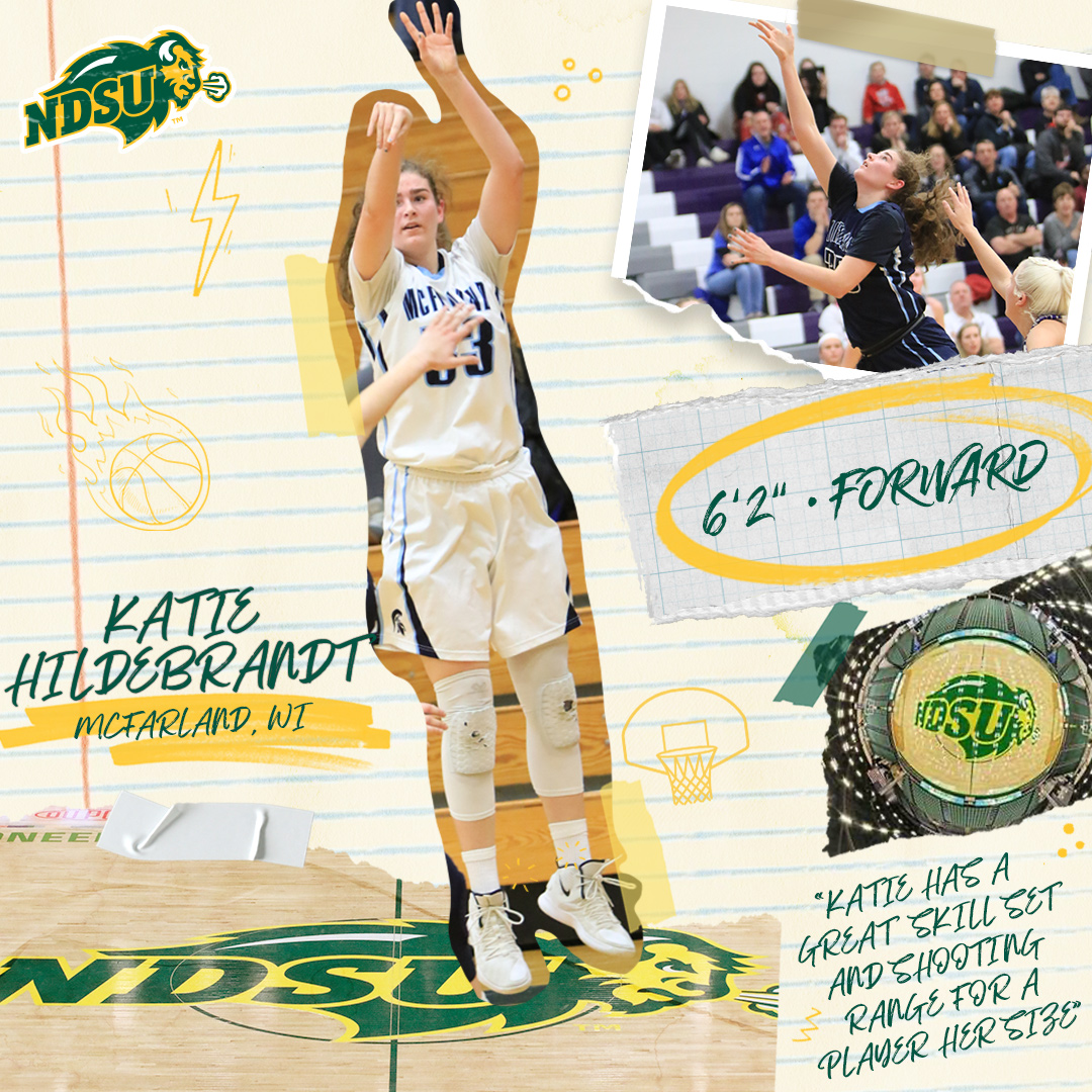 NDSUwbb's tweet photo. Welcome to Bison Nation, Katie Hildebrandt!

🏀Ranked 18th best player in Wisconsin by Prep Girls Hoops
🏀Three-time all-conference pick
🏀Averaged 14.5 points and 9.6 points as a junior
🏀820 points &amp; 460 rebounds entering senior season https://t.co/Zqfrz71Q1Y