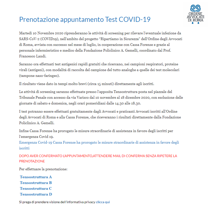 👉 Ripartiamo in Sicurezza 🔴 Tamponi gratuiti per gli Iscritti all'Ordine di Roma - L'iniziativa, con migliaia di posti disponibili esauriti in poche ore, ha consentito di ampliare l'offerta, con ulteriori tre postazioni attrezzate. Info e prenotazioni ⤵️
ordineavvocatiroma.it/prenotazione-a…