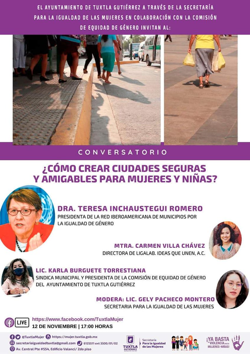 TuxtlaMujer's tweet photo. Conversatorio ¿Cómo crear ciudades seguras y amigables para mujeres y niñas? Con la participación de la Dra. Teresa Inchaustegui Romero, Presidenta de la Red Iberoamericana de Municipios por la Igualdad de Género https://t.co/Q0g7yWA7tr https://t.co/ao6rpW98Zt