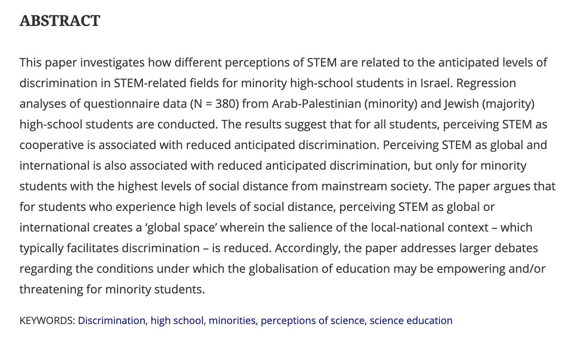 "Perceptions of science and their effects on anticipated discrimination in STEM for minority high-school students" by  @AurelDiamond and  @ElyakimKislev in Cambridge Journal of Education