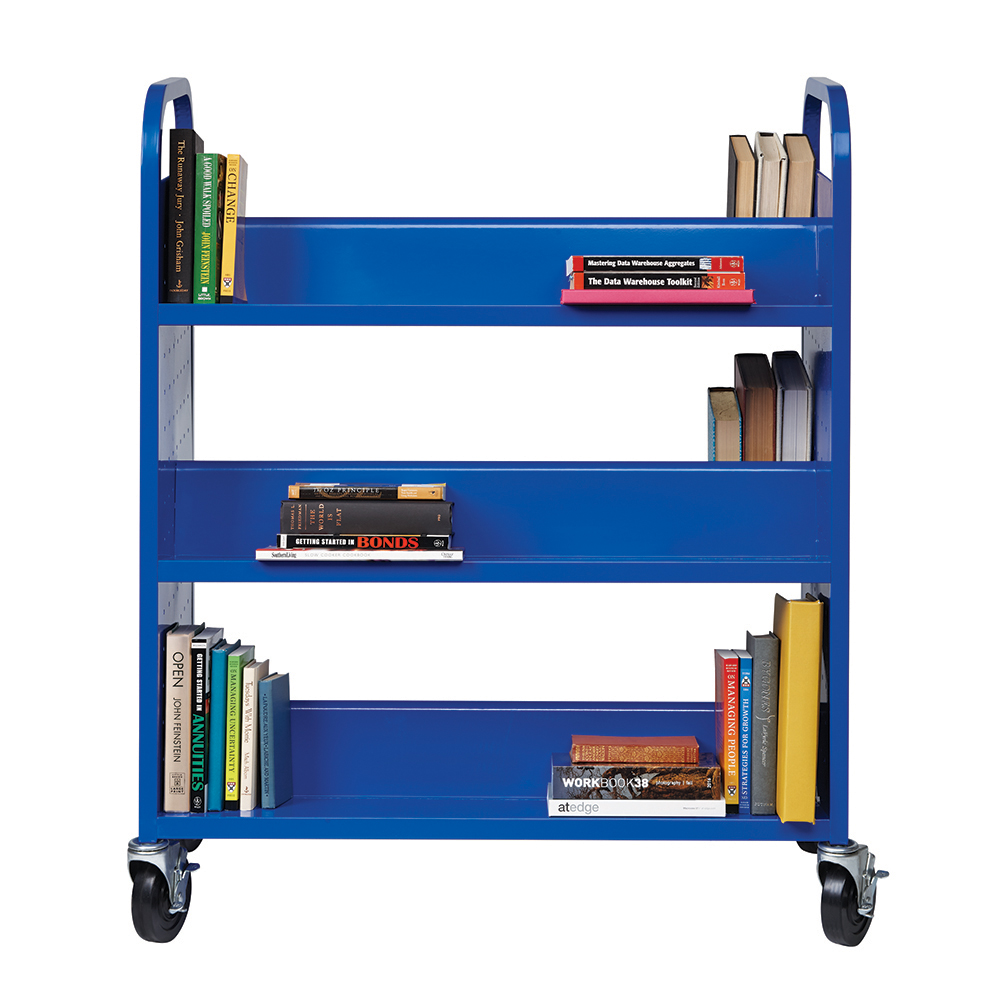HIRSHLLC's tweet photo. This double-sided book cart offers six slanted shelves where you can organize and transport plenty of books and other items. The sturdy design features smooth, rounded handles for easy maneuverability. https://t.co/m7sS9yGV50