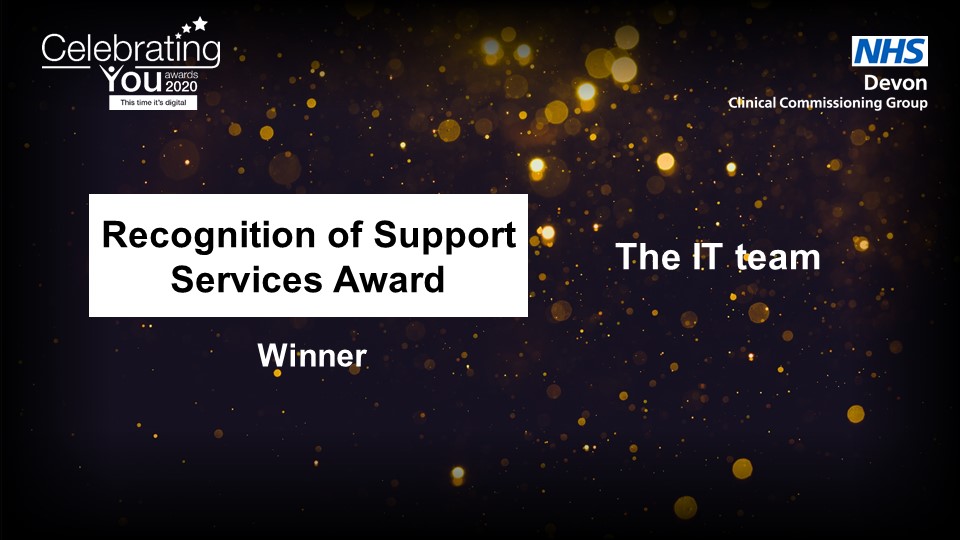 NHSDevon's tweet photo. The winner of the Recognition of Support Services Award is the IT team 👏

Congratulations!

#CelebratingYou #ThisTimeItsDigital #WorkingTogetherForDevon #OneTeam https://t.co/3GvKssNpl4
