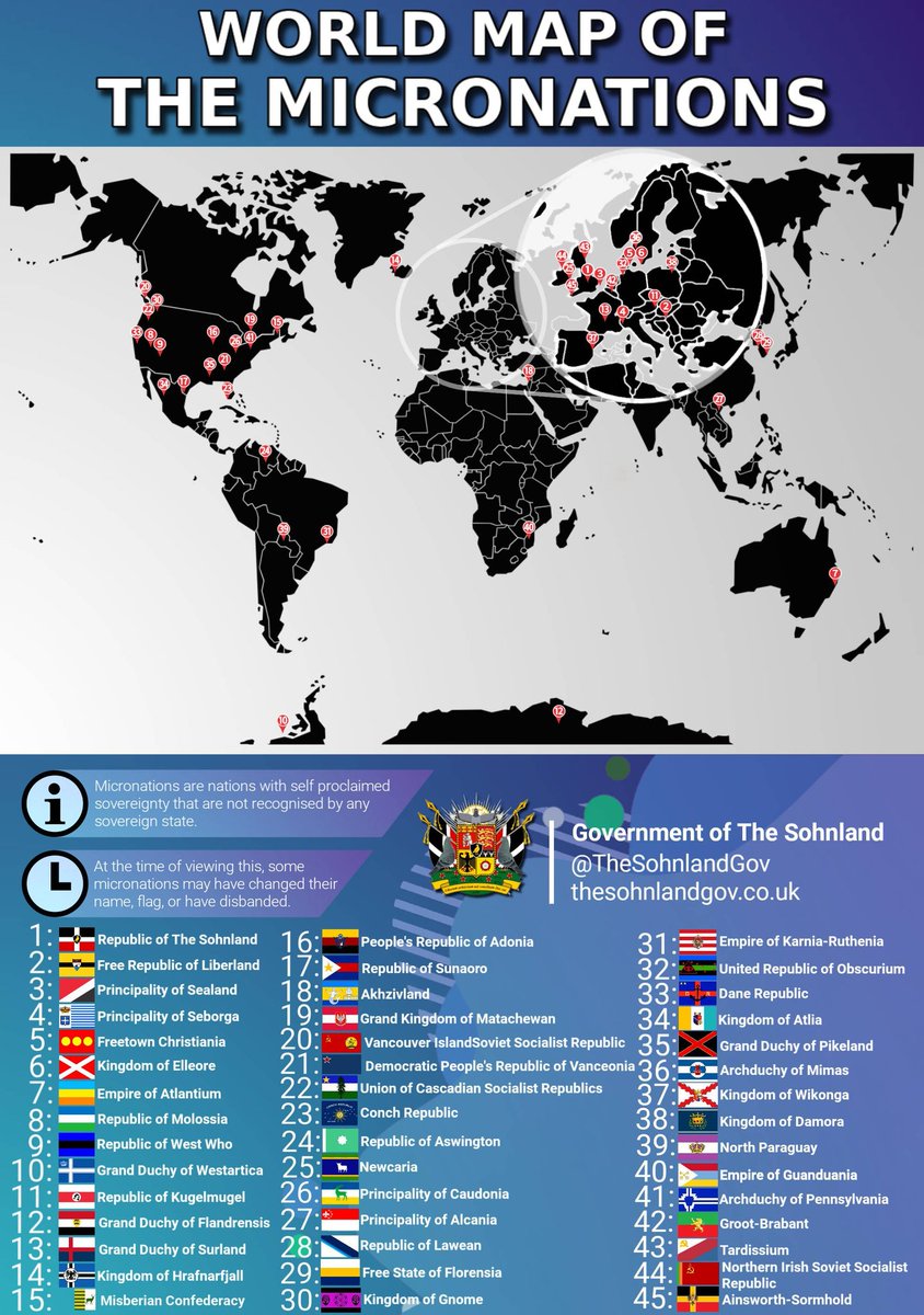 TheSohnlandGov's tweet photo. I have resigned and upgraded the World Map of The Micronations!
It now features 45 #micronations with information about what micronations are. https://t.co/qxa4ImXdRq
