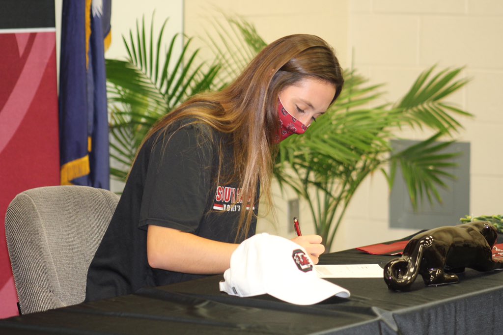 CandaceMartino's tweet photo. Congratulations to @cfhspanthers Emma Bucci on signing to play soccer at @GamecockWSoccer. She’s accounted for 35 goals, 18 assists, 64 steals, 8 blocks, and 2 saves as a Panther. @WBTWNews13 https://t.co/3LaUXYOP8j