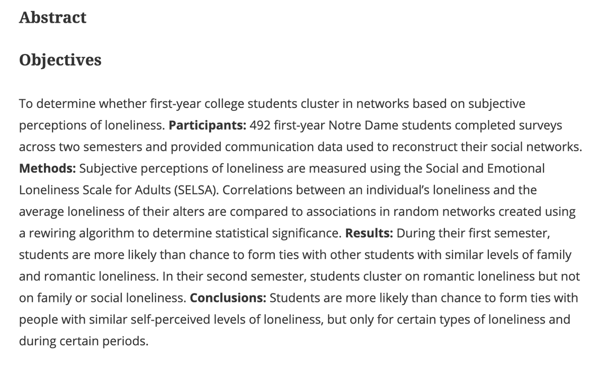 "Clustering in a newly forming social network by subjective perceptions of loneliness" by Ethan Friedmanski, Michael Lee Wood,  @omar_lizardo, and David Hachen in J. American College Health