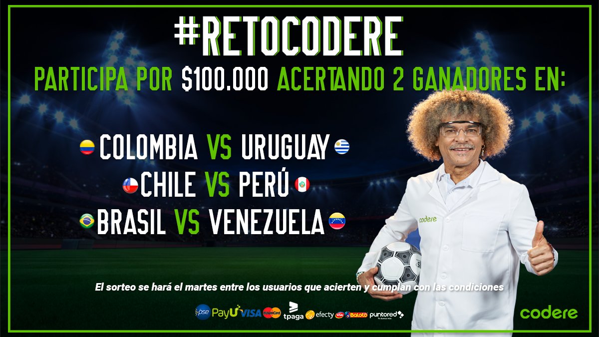 CodereCO's tweet photo. 💰 #RetoCodere por $100.000 en Freebets. 

👉 Acierta 2 ganadores de los partidos del viernes, síguenos, da RT y menciona a 2 amigos que también nos sigan. 

⚠️ El martes publicaremos nuestros 2 ganadores. https://t.co/V43zfdvgXE