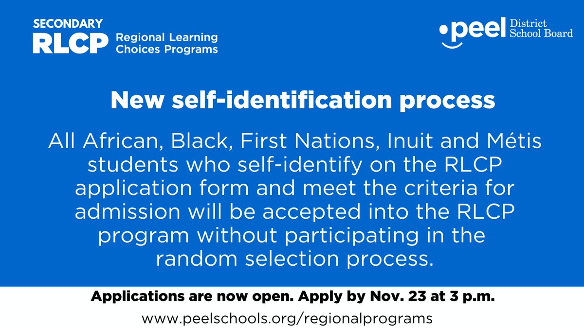 PeelSchools's tweet photo. Applications for secondary Regional Learning Choices Programs are now open until Nov. 23 at 3 p.m. This year, as part of the board’s commitment to equity and inclusion, a new self-identification process is implemented for RLCP applications. 

Learn more: https://t.co/9mXh0UopGx https://t.co/fxvbWGeAr8