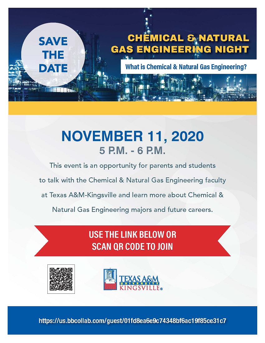 TAMUKEngineer's tweet photo. Are you interested in Chemical Engineering or Natural Gas Engineering? 🧪🥽
Join us for our virtual information session TODAY at 5pm
Link: https://t.co/1YsMyfw2lU
#ChemicalEngineering #NaturalGasEngineering #Engineering #JavelinaEngineers #Tamuk https://t.co/m6Vfw1jYio