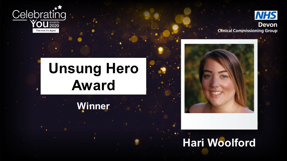 NHSDevon's tweet photo. The winner of the Unsung Hero Award is Hari Woolford 🎉

Congratulations!

#CelebratingYou #ThisTimeItsDigital #WorkingTogetherForDevon https://t.co/YyOVu3MEIo