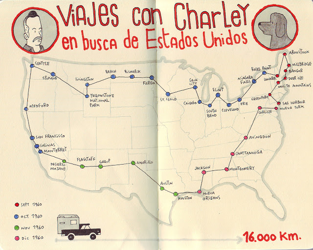 mik1977's tweet photo. 'Viajes con Charley' es un gran libro del premio Nobel estadounidense John Steinbeck (1902-1968). Steinbeck en los años sesenta hizo un recorrido de 16.000 km por 34 estados de Estados Unidos junto a su perro Charley en una furgoneta llamada Rocinante. Este es su recorrido. https://t.co/LWRefNE6Qg