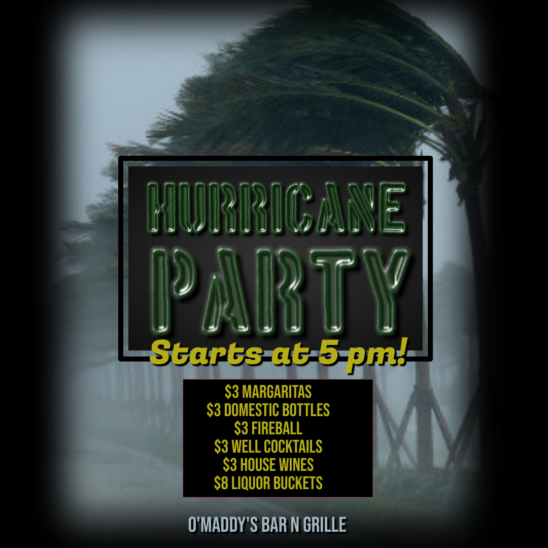 Come join us for a Veteran's Day Hurricane Party!!
All day long every veteran's first beer is on the house!
Starting at 5 pm:
$3 Margaritas
$3 Domestic bottles
$3 Fireball
$3 Well cocktails
$3 House wines
$8 Liquor buckets