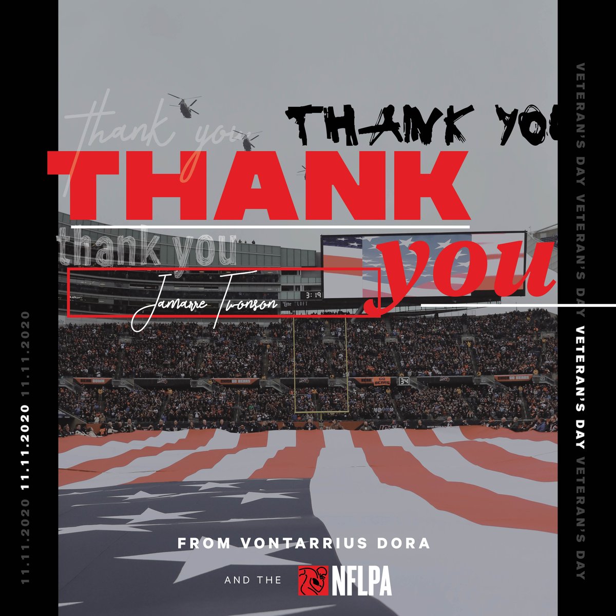 NFLPA's tweet photo. Thank you to Jamarre Townson (@USMC) from @DatDudeNameDora &amp; the NFLPA! #VeteransDay https://t.co/pcAupgKfIs