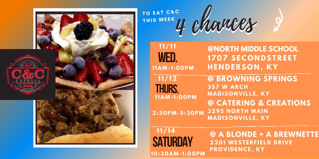ccdinnerstogo's tweet photo. It is almost Food Truck Thursday! There will be TWO  opportunities for you to eat C&amp;C on Thursday!

11AM-1PM- Browning Springs Middle School
2:30PM-5:30PM - Catering &amp; Creations https://t.co/CxTv4QnMjh