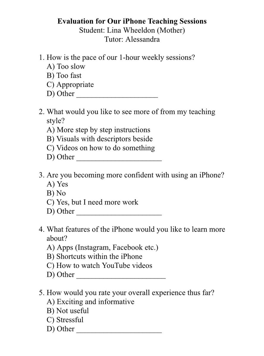MissAWheeldon's tweet photo. For this weeks session I had my mother complete an evaluation passed on our sessions and her experience thus far. Attached is a copy of the evaluation I presented to her. #LetsTeachAdults #YEPeducation https://t.co/THcT4VsGhW