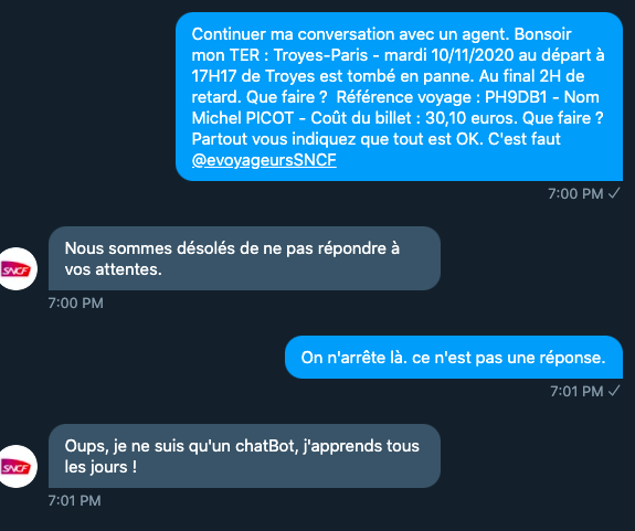 michelpicot's tweet photo. Panne d'un TER, 2H de retard, aucun recours et finalement un chatbot qui te répond ! oh @sncf un peu de raison. Non ? Appli @ouisncf  = 0. Service client = 0 ! Prenez le train, on vous rembourse si vous annulez, mais moi je n'ai pas annulé, c'est un panne du train. https://t.co/VEPtZf7YPG
