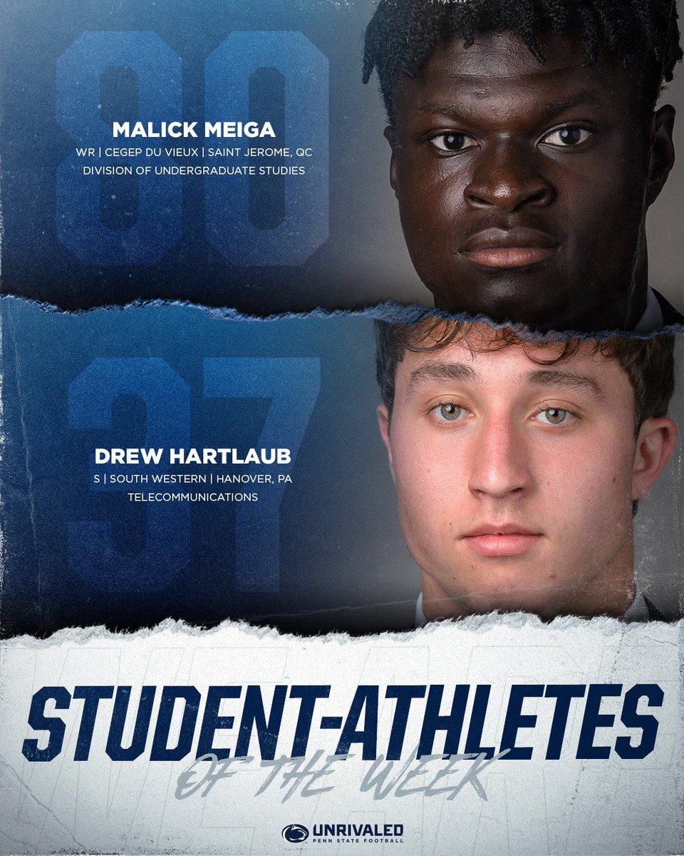 PennStateFball's tweet photo. Congratulations to Malick Meiga (@malick_meiga) &amp; Drew Hartlaub (@drew_hartlaub), our Student-Athletes of the Week! 📚

#WeAre https://t.co/biVteVukXa