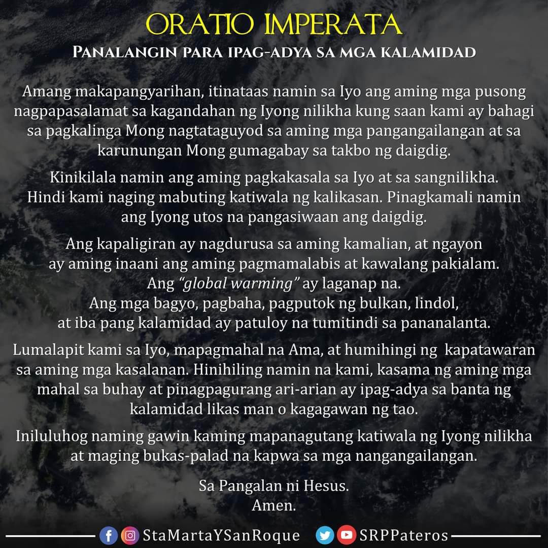 SRPPateros's tweet photo. Panginoon, ipag-adya at iligtas Mo kami sa pinsalang dulot ng Bagyong #UlyssesPH. 

#OratioImperata https://t.co/NyNDxdktyN