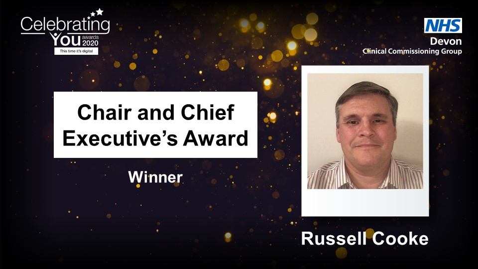 NHSDevon's tweet photo. The winner of the Chair and Chief Executive’s Award is Russell Cooke 👏

Congratulations!

#CelebratingYou #ThisTimeItsDigital #WorkingTogetherForDevon https://t.co/tXOAMqUqVg