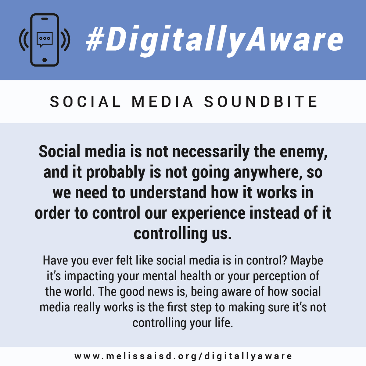 melissaisd's tweet photo. Staff and students at #MelissaSchools are becoming more #DigitallyAware by engaging in discussions about how social media functions and its impact on our everyday lives. To learn more about this initiative and download our Social Media Toolkit, visit https://t.co/evNEwoZav0. 📱💻 https://t.co/1StccwAdw0