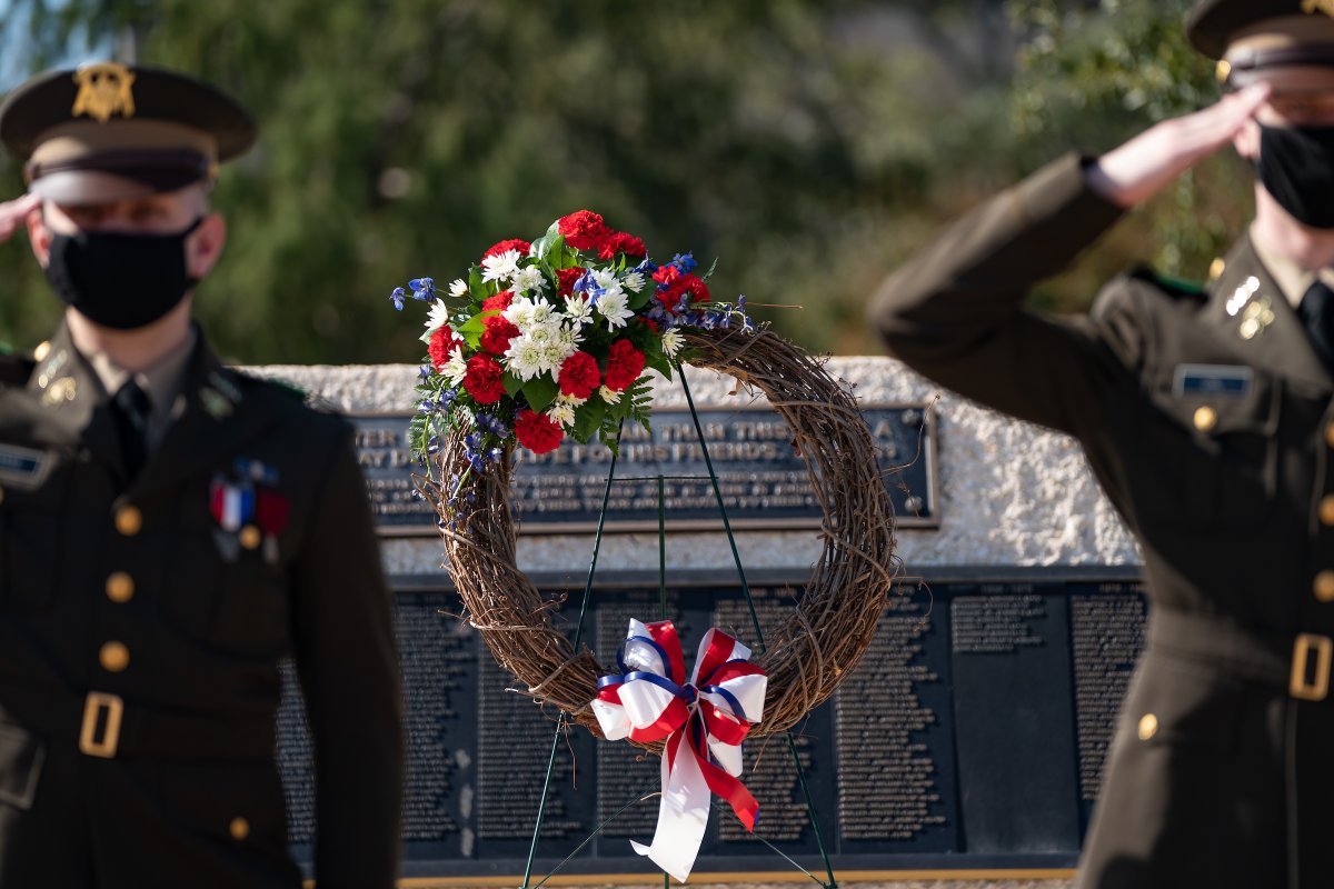 TAMU's tweet photo. Today at 11:11 a.m., members of the @AggieCorps laid wreaths at the Memorial Student Center, the Spanish-American War Memorial, the WWI Memorial, &amp; the Post-WWII Memorial for #VeteransDay.

The wreath laying ceremony was followed by a 21-gun salute &amp; the playing of Taps. https://t.co/bgtUX4VjGZ