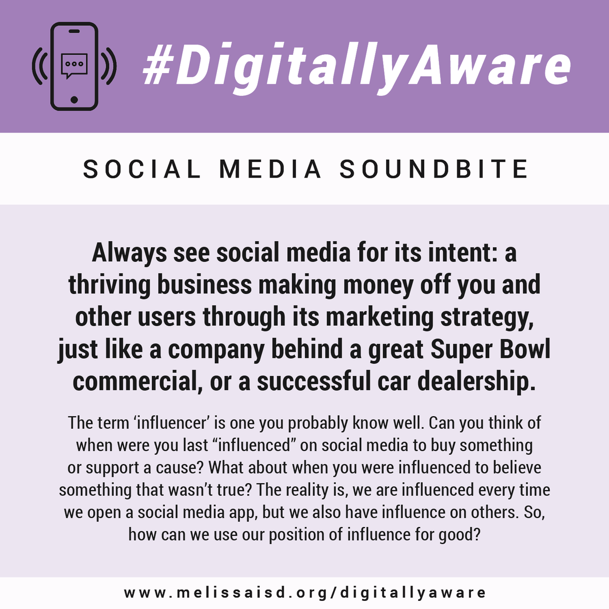 melissaisd's tweet photo. Staff and students at #MelissaSchools are becoming more #DigitallyAware by engaging in discussions about how social media functions and its impact on our everyday lives. To learn more about this initiative and download our Social Media Toolkit, visit https://t.co/evNEwoZav0. 📱💻 https://t.co/1StccwAdw0