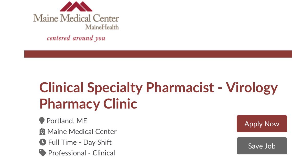 Minkey Wungwattana (@minkeyw) on Twitter photo Interested in an opportunity to work alongside a great team of ID PharmDs/pharm techs, physicians/NPs/fellows, RNs to deliver exceptional patient care to HIV & viral hepatitis patients here at <a href="/MaineMed/">MaineHealth Maine Medical Center</a> ?
Check it out! 👇👇:
careersatmainehealth.org/jobs/737689-cl… Interested in an opportunity to work alongside a great team of ID PharmDs/pharm techs, physicians/NPs/fellows, RNs to deliver exceptional patient care to HIV & viral hepatitis patients here at <a href="/MaineMed/">MaineHealth Maine Medical Center</a> ?
Check it out! 👇👇:
careersatmainehealth.org/jobs/737689-cl…