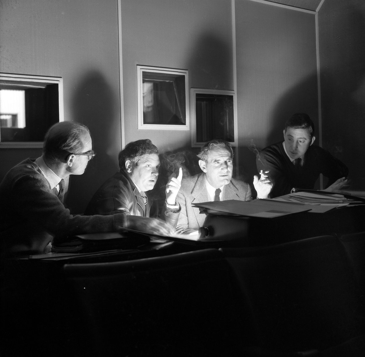 On this day in 1962, the 100th edition of groundbreaking TV arts strand Monitor - a special episode, made by maverick director Ken Russell, about Edward Elgar.Here's Russell (second from left) with his boss, Monitor Editor Huw Wheldon to his left, editing Monitor during 1961.