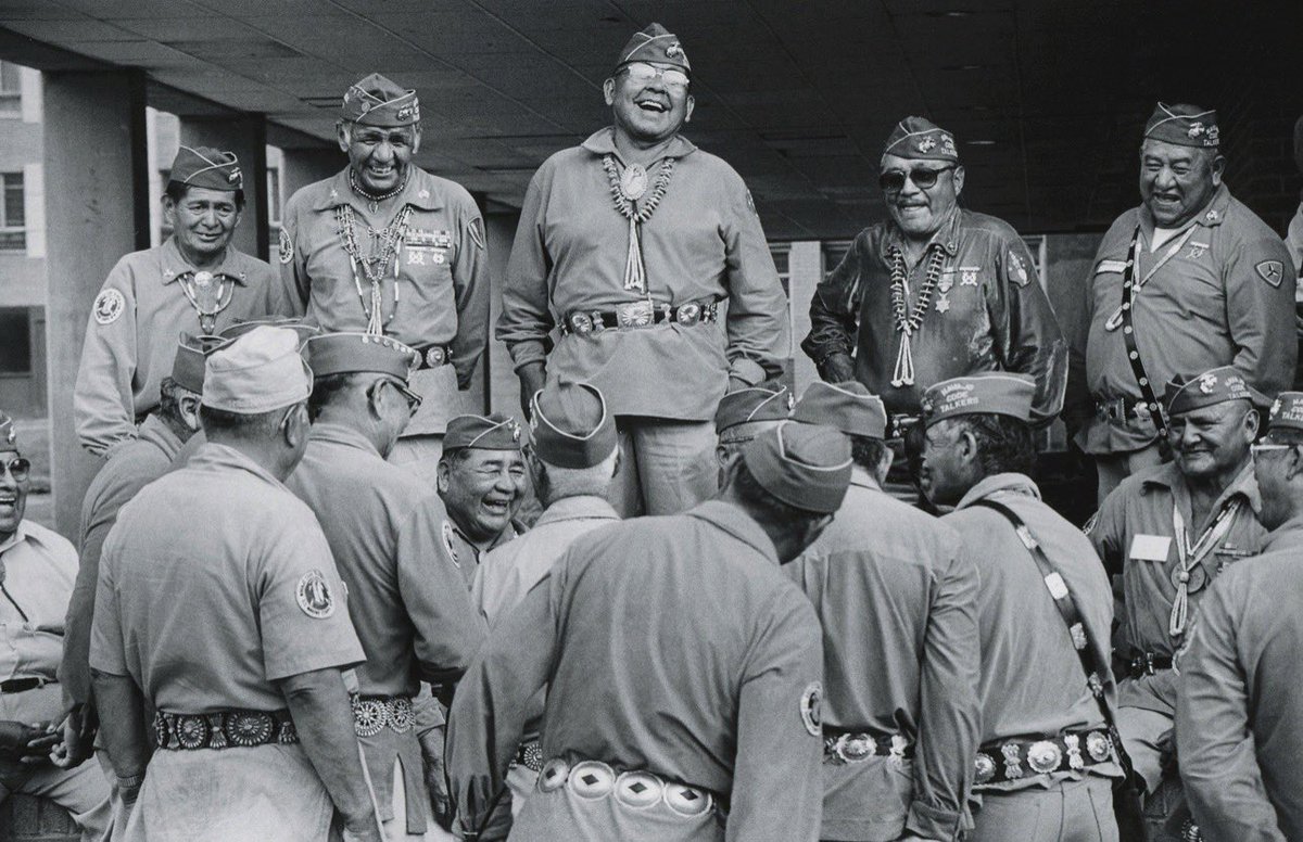 Around 400 young Navajo men, who had never been away from the reservation, served in the South Pacific and are credited with helping win the battle of Iwo Jima. Pictured: Code Talkers in Washington, D.C. – 1983.