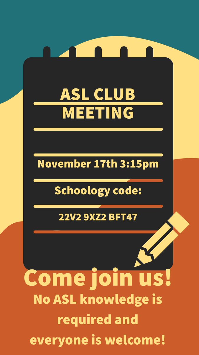 Our next ASL Club meeting is coming up! Mark your calendars for Tuesday, November 17th at 3:15pm! You can find the meeting link on our Schoology page. See you there!🤟🏼