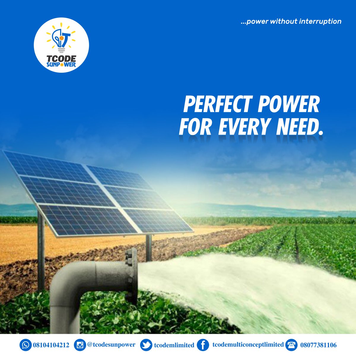 tcodemlimited's tweet photo. Uninterrupted power that befits well your personal and business area of life. Call us @tcodesunpower - ☎️ 08104104212 or 08077381106.
#SolarEnergy #CleanEnergy #RenewableEnergy #Nigeria
#GoForSolar #NoToGenerator #Tcodesunpower #Tcodemulticonceptlimited
#Nigeria #Abeokuta https://t.co/ylVDFQteeR