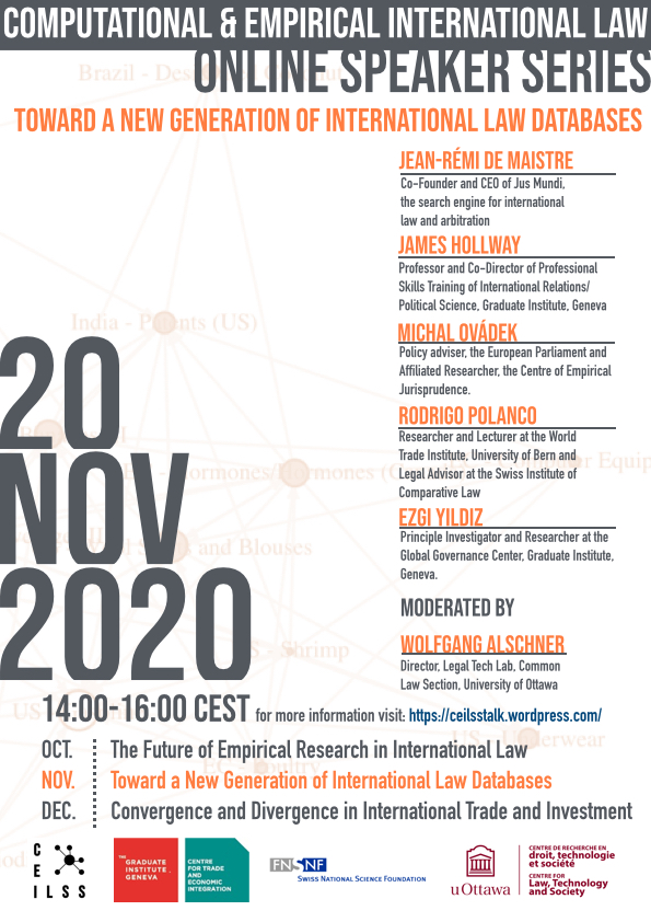 w_alschner's tweet photo. Second session of #CEILSS takes place next Friday, Nov 20 on international law database for text-as-data and network analysis. 

Panelists: @michal_ovadek @JR_deMaistre @rpolancolazo @ezgiyyildiz &amp; James Hollway 

More info &amp; registration link: https://t.co/aObQ7RslE3 https://t.co/0B40YDpLT2