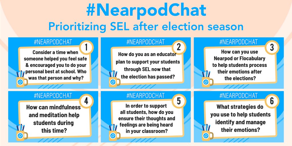 🎉 TONIGHT! Join us for the #NearpodChat! 🎉
 
💙 Topic: Prioritizing #SEL after election season
⏰ Time: 8pm ET
👩‍💻 Host: <a href="/MsBDuncan/">🎯#Great Teachers never stop learning!🚀</a>

🌟 Retweet if you will be joining us! 🌟