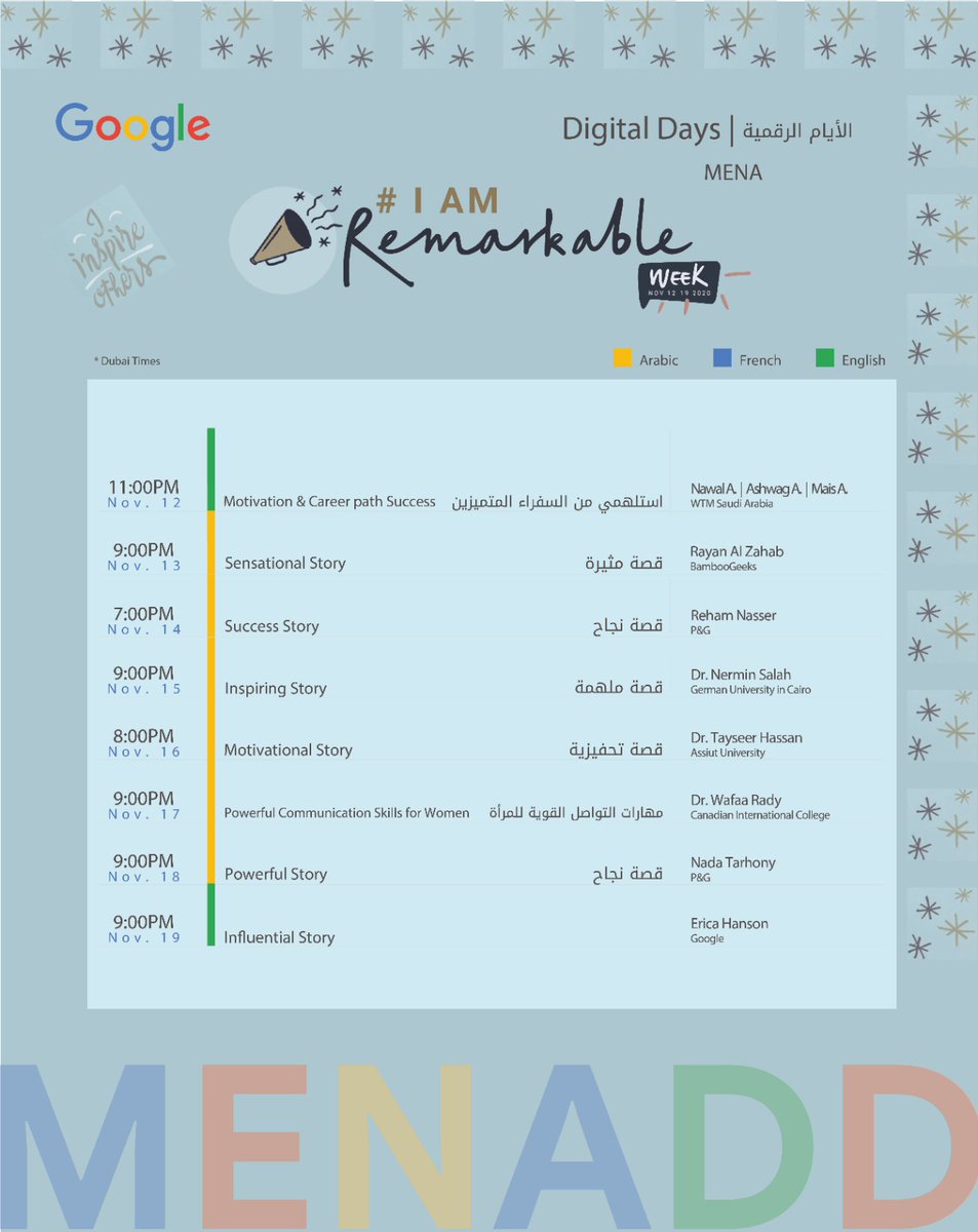 #MENADD Nov 12-19 is #IamRemarkable week!

1- Daily: Meet &amp; hear stories of successful Women Live on YouTube.com/GDGMENA
 --> agenda bit.ly/imr-mena

2- Daily #IamRemarkable workshops held by 50+ MENA <a href="/IamRemarkable_/">#IAmRemarkable</a> facilitators
 --> sign in bit.ly/imr-reg