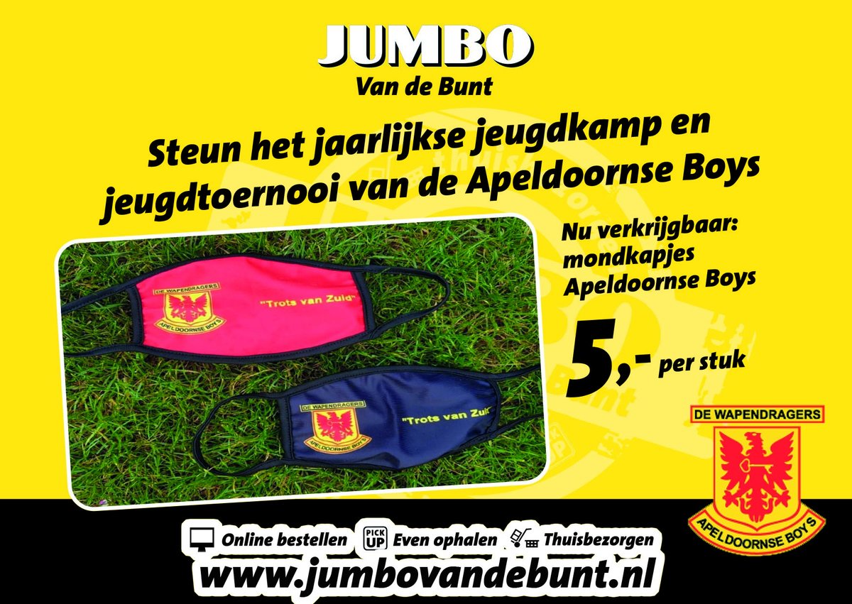 Waar een mondkapje nu op vele plekken ‘verplicht’ is, is het dan niet mooi om hierbij ook meteen de Apeldoornse boys te steunen?

De opbrengst van deze actie gaat naar de jeugd van de club voor het jaarlijkse jeugdkamp en jeugdtoernooi.
<a href="/ApeldoornseBoys/">ASV Apeldoornse Boys</a> <a href="/Jumboapeldoorn/">Jumbo Apeldoorn</a>